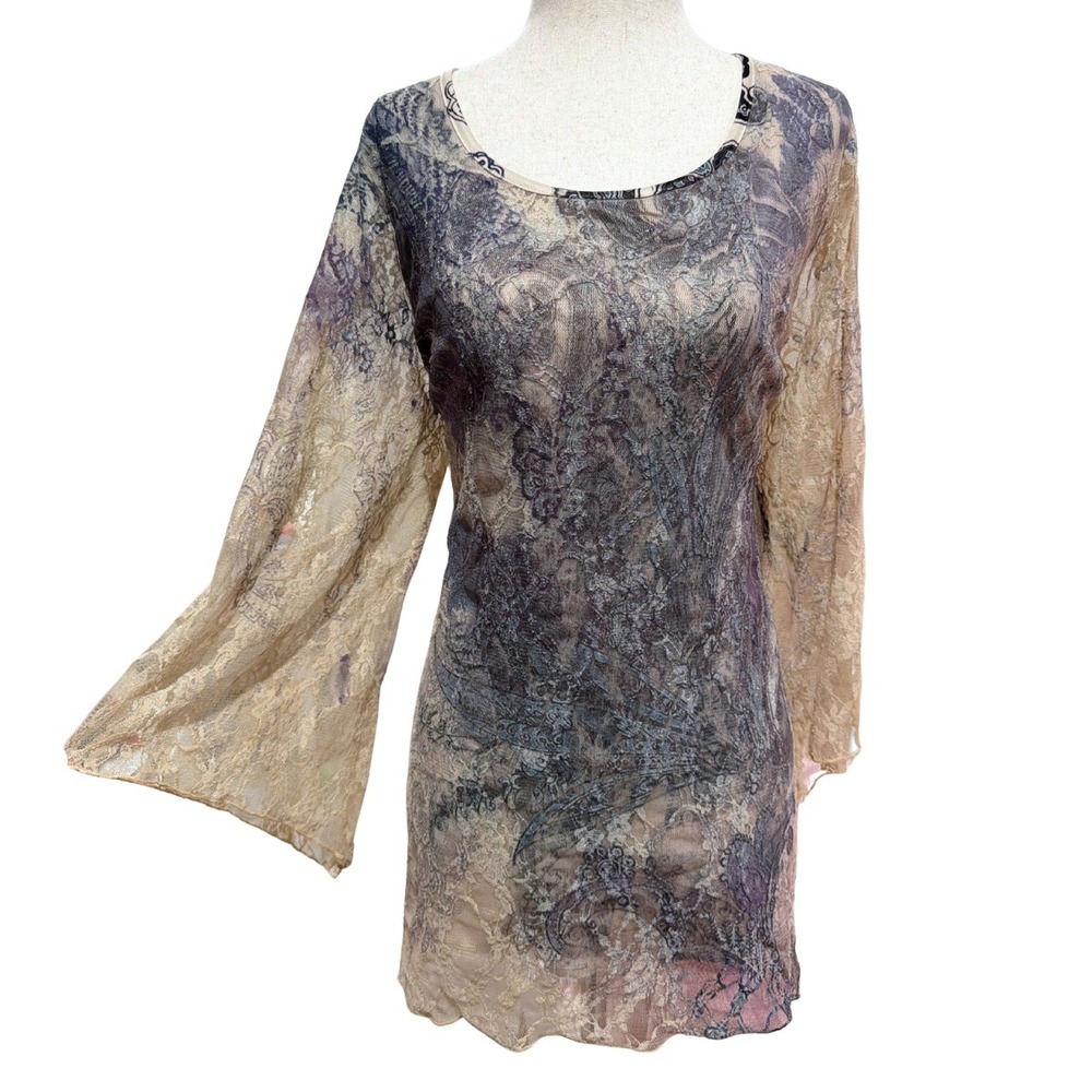 Black Beige Lace Paisley Print Long Sleeve Tunic‎ Top Women's Size 2X Whimsigoth